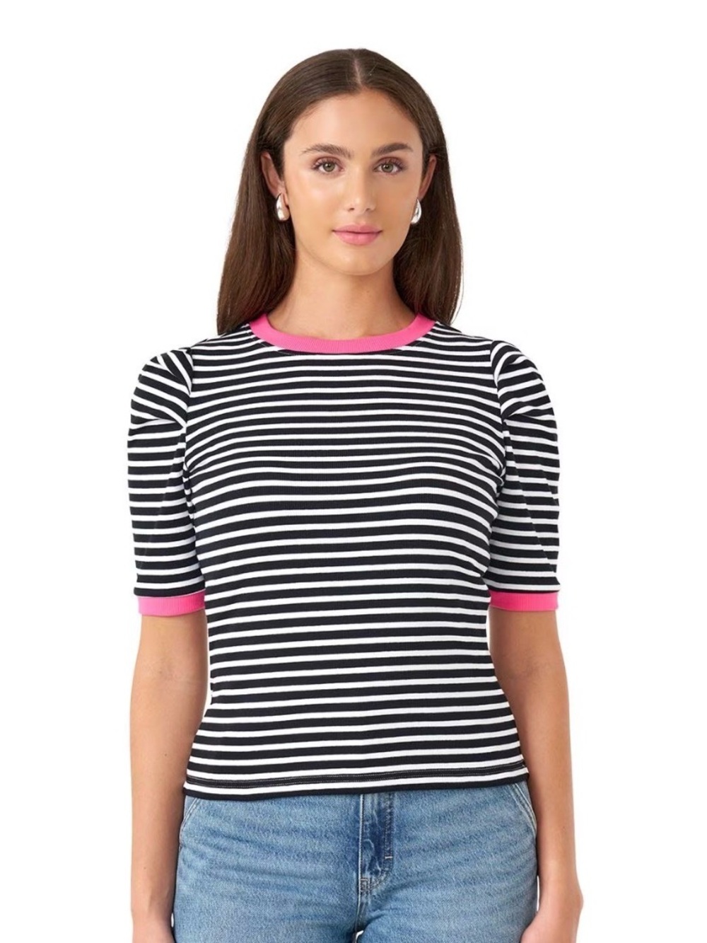 Rebecca Minkoff Black & White Striped Knit Top with Pink Trim